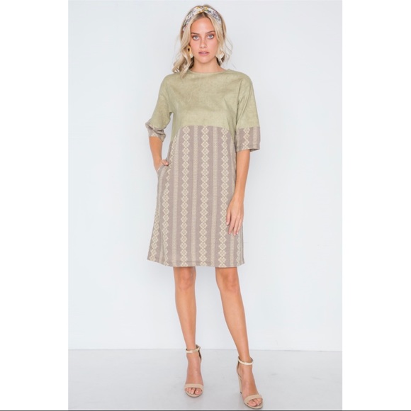Hidden Alley Mocha Olive Contrast Shift Boho Dress - Picture 3 of 12